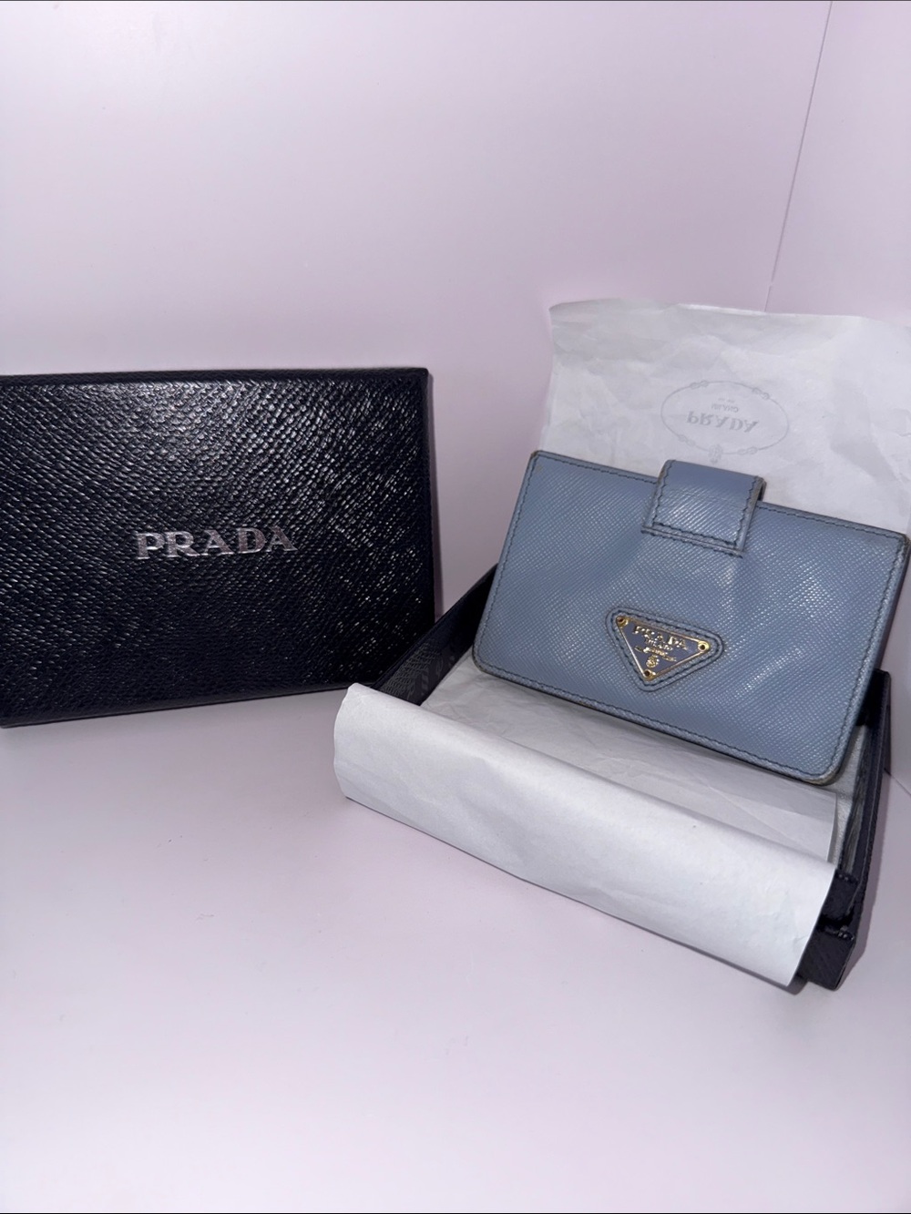 Prada Authentic Light Blue Saffiano Leather Card Wallet with Gold Logo